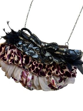Vintage MARY FRANCES Mixed Media Shoulder Bag Leopard Feathers Jewels Bohemian